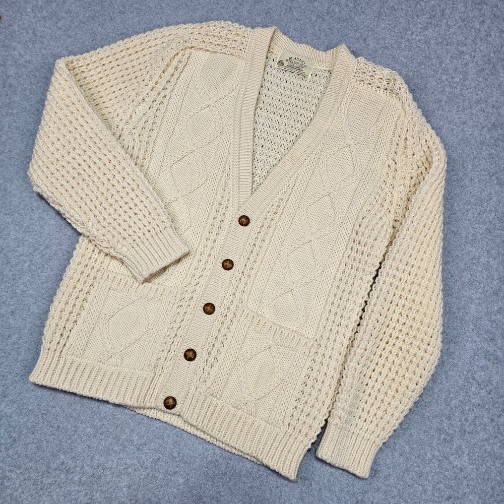Blarney Woolen Mills Ivory Chunky Aran Handknit Fisherman Cable Cardigan Sweater